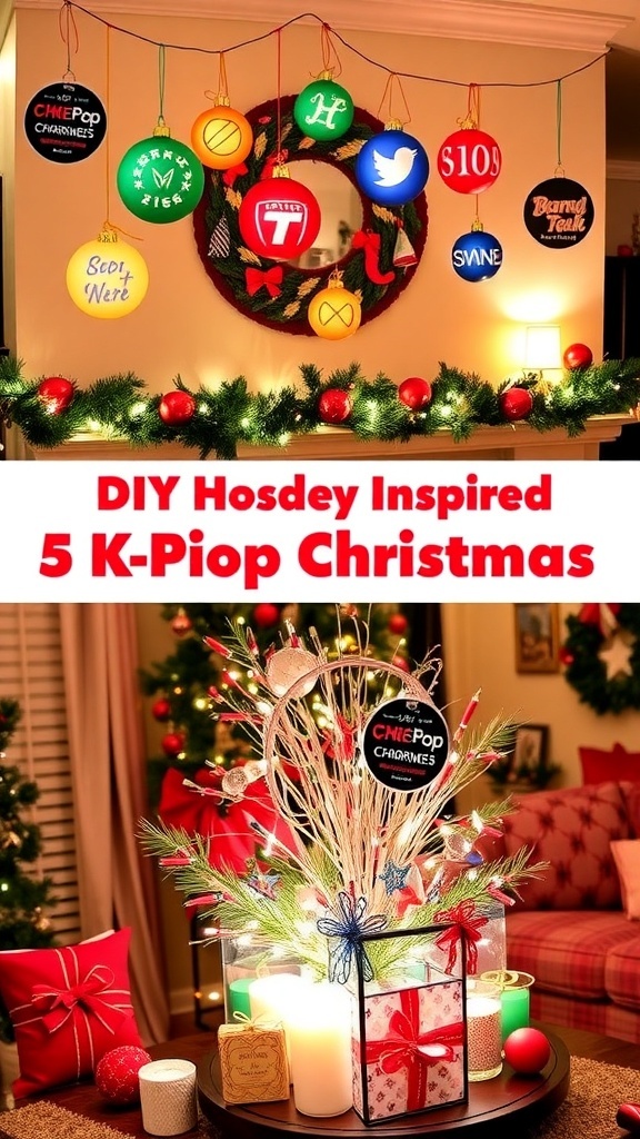 DIY K-Pop Christmas decorations including ornaments, garland, and a centerpiece in a cozy holiday setting.